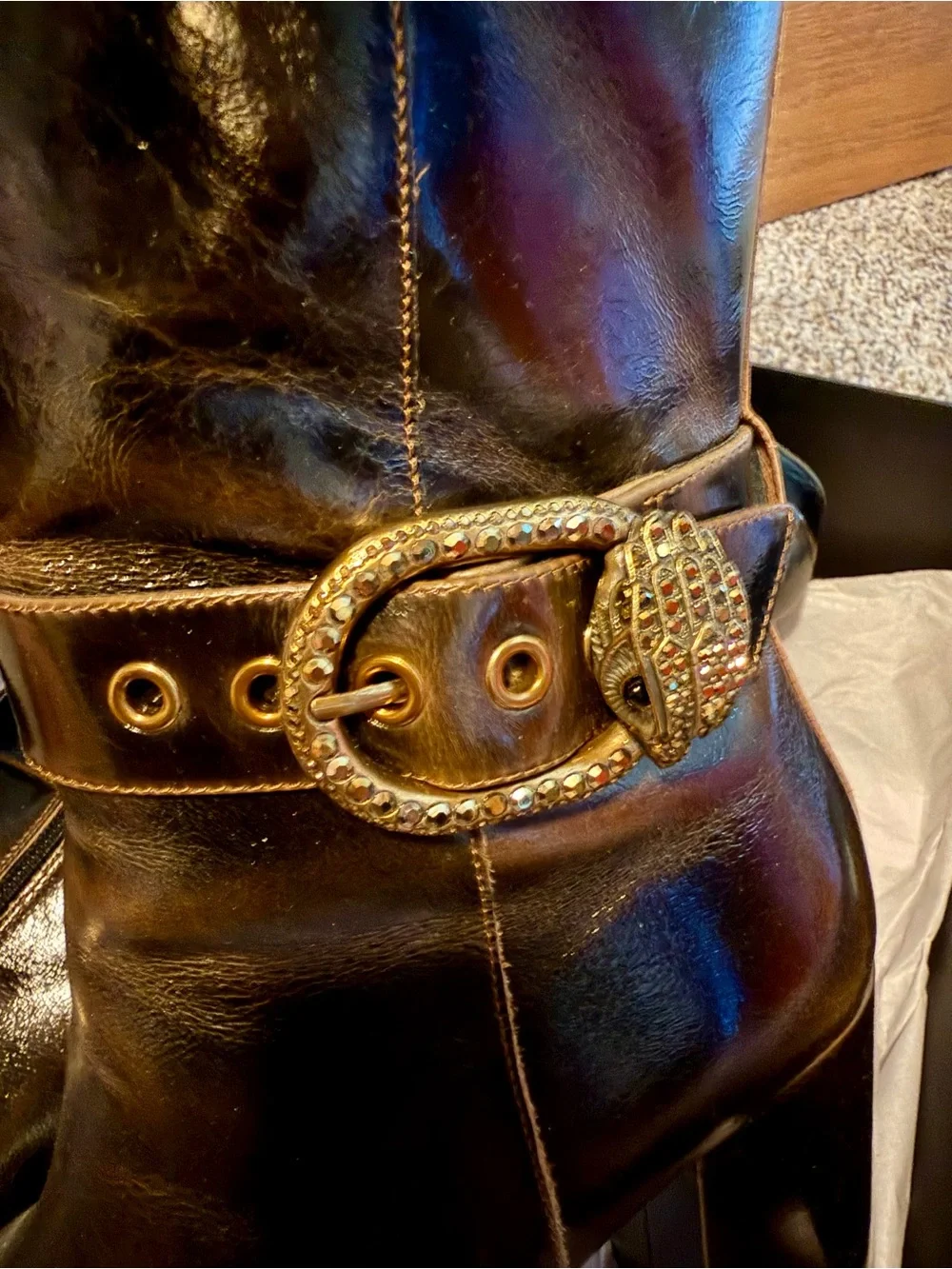 Kurt Geiger Brown Leather Platform Boots with Gold Buckle Accent